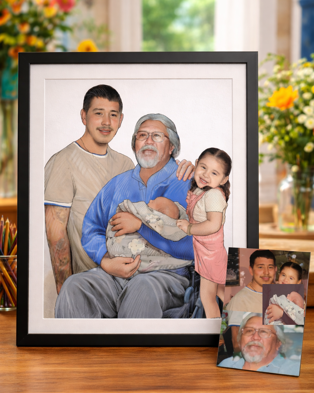 Framed family portrait of a grandfather with his grandchildren on a wooden surface.