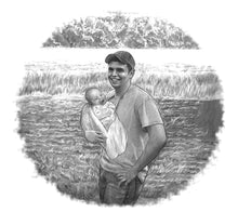 Load image into Gallery viewer, Black and white portrait with background -Dad and daughter drawn in grass - Black & white portrait - drawings and portraits from your photos - drawking.com - DrawKing