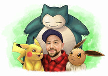 Load image into Gallery viewer, Color portrait  - man drawn with Pikachu and Pokemon characters  - colour portrait - drawings and portraits from your photos - drawking.com - DrawKing