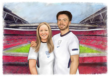Load image into Gallery viewer, Color portrait - Girl at football stadium with famous player - colour portrait - drawings and portraits from your photos - drawking