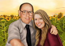 Load image into Gallery viewer, Color portrait with background - Man and woman drawn in field of sunflowers - colour portrait - drawings and portraits from your photos - drawking.com - DrawKing