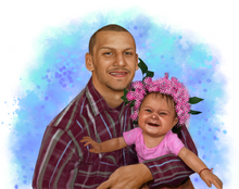 Load image into Gallery viewer, Color portrait with pattern background - Dad and daugther drawn together - colour portrait - drawings and portraits from your photos - drawking.com - DrawKing