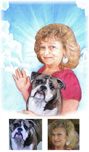 Load image into Gallery viewer, Color portrait with pattern background - Lady and dog who have passed away in the sky - colour portrait - drawings and portraits from your photos - drawking.com - DrawKing