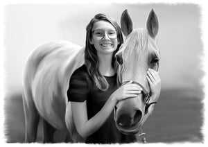 Black & white animal portrait - Woman drawn with horse - drawings and portraits from your photos - drawking.com - DrawKing