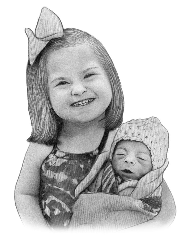 Black and white portrait - Girl drawn with sibling who passed away  - Black & white portrait - drawings and portraits from your photos - drawking.com - DrawKing
