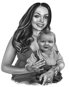 Black and white portrait - Mother and child drawn together smiling   - Black & white portrait - drawings and portraits from your photos - drawking.com - DrawKing