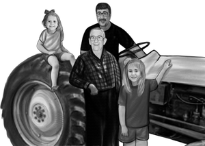 Black and white portrait with a large object - Family with tractor - Black & white portrait - drawings and portraits from your photos - drawking.com - Drawking