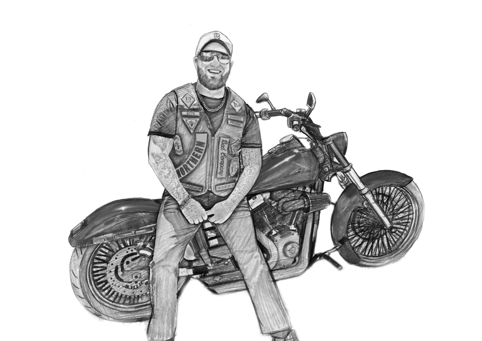 Black and white portrait with a large object -Man with motorbike - Black & white portrait - drawings and portraits from your photos - drawking.com - Drawking