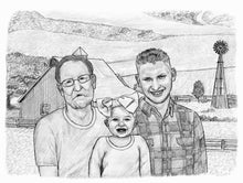 Load image into Gallery viewer, Black and white portrait with background -Daughter drawn with dad and grandpa with farm scene - Black &amp; white portrait - drawings and portraits from your photos - drawking.com - DrawKing
