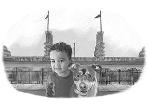 Black and white portrait with background - boy drawn with dog at disney adventures - Black & white portrait - drawings and portraits from your photos - drawking.com - DrawKing