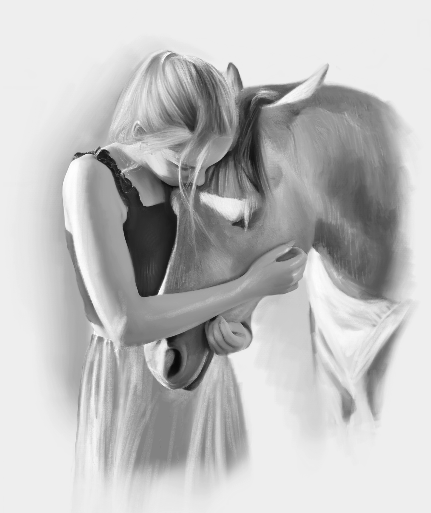 Black and white portrait with pets or animals - girl drawn with horse - drawings and portraits from your photos - drawking.com - DrawKing