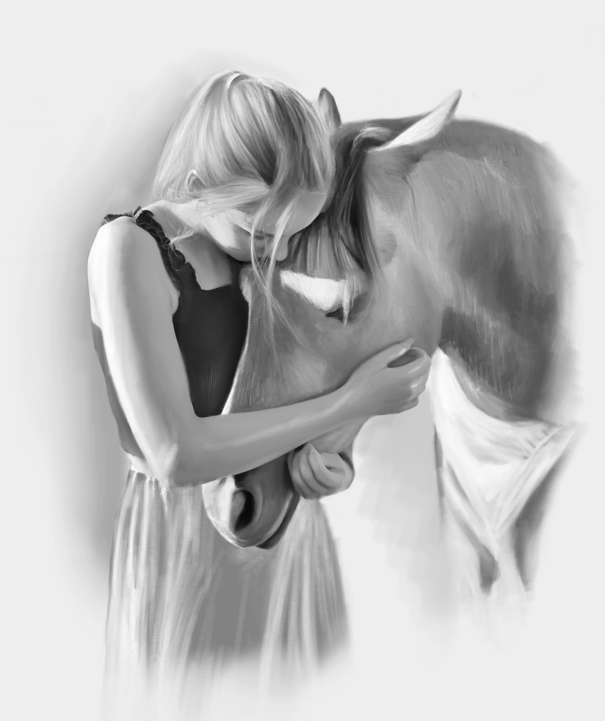 Black and white portrait with pets or animals - girl drawn with horse - drawings and portraits from your photos - drawking.com - DrawKing