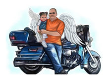 Load image into Gallery viewer, Color portrait with large object - Man with angel wings with girl on motorbike - colour portrait - drawings and portraits from your photos - drawking.com - DrawKing
