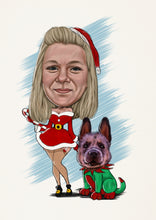Load image into Gallery viewer, Colour caricature with pattern background - Woman dressed in christmas outfit with dog - drawings and portraits from your photos - drawking.com - DrawKing
