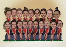 Load image into Gallery viewer, Colour caricature with pattern background - Womens sports team drawn together - drawings and portraits from your photos - drawking.com - DrawKing
