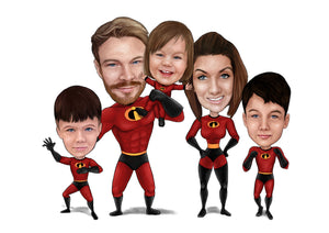 Colour drawing as a character - family drawn as superheros the incredibles - drawings and portraits from your photos - drawking.com - DrawKing