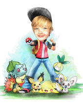 Load image into Gallery viewer, Colour with character - Boy drawn with Pokemon characters - Color drawing -drawings and portraits from your photos - drawking.com - Drawking
